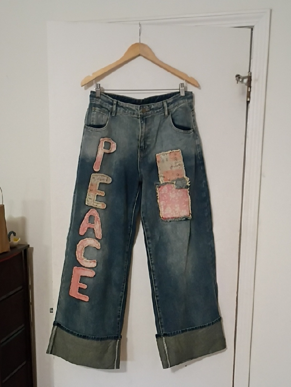 Peace Patchwork Super Wide Leg Cuffed Jeans 8/10